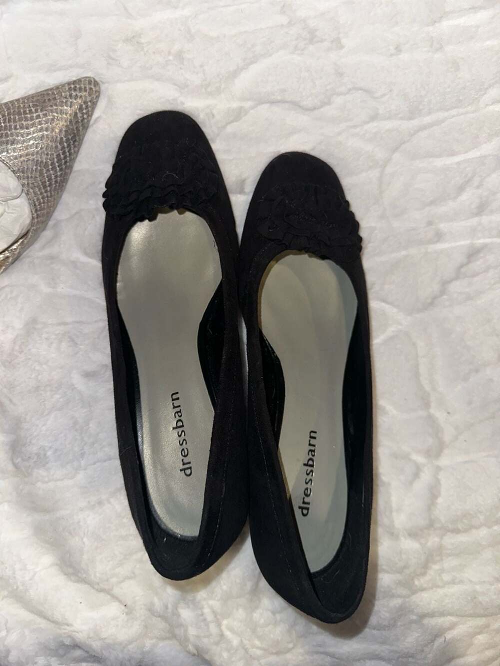 Dressbarn Black Suede Lucy Wedge Pumps with Ruffle Detail